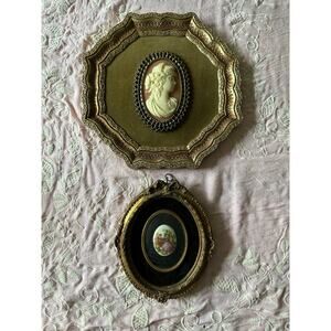2 Vintage Framed Cameo pictures oval gold framed ornate Victorian porcelain